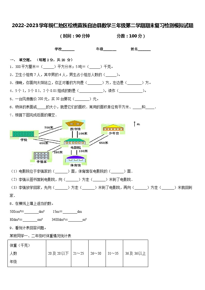 2022-2023学年铜仁地区松桃苗族自治县数学三年级第二学期期末复习检测模拟试题含答案第1页