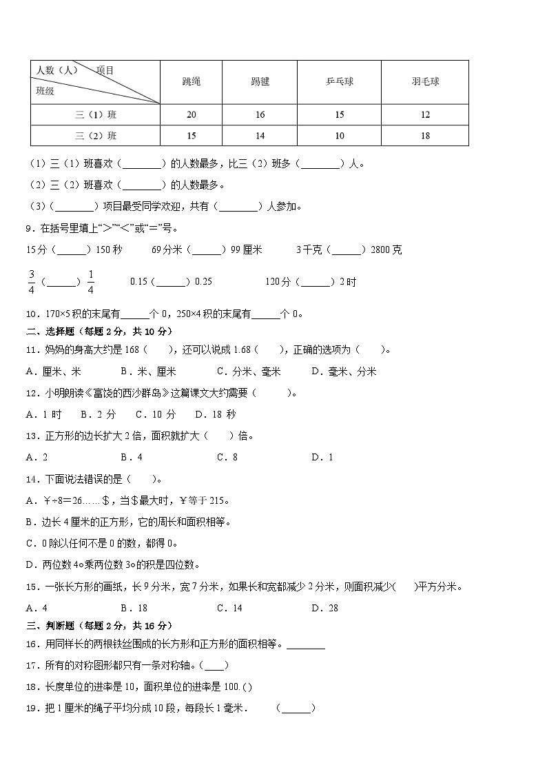 宁夏回族石嘴山市平罗县2022-2023学年三年级数学第二学期期末教学质量检测模拟试题含答案第2页