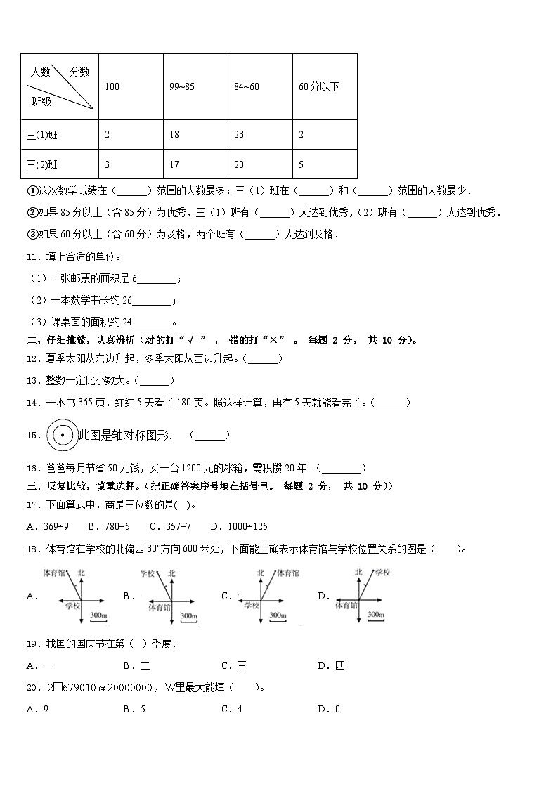 察哈尔右翼前旗2022-2023学年三年级数学第二学期期末复习检测模拟试题含答案02