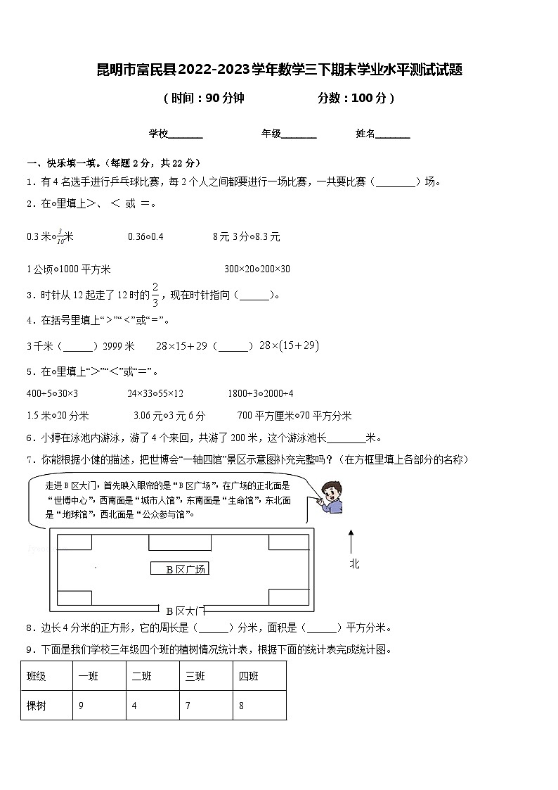 昆明市富民县2022-2023学年数学三下期末学业水平测试试题含答案第1页