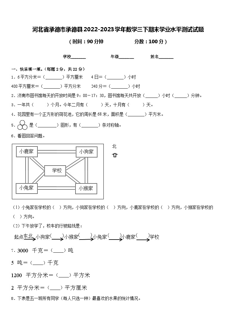 河北省承德市承德县2022-2023学年数学三下期末学业水平测试试题含答案01