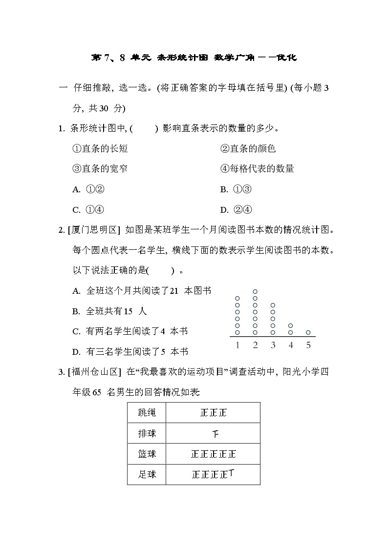 【单元测试】人教版数学四年级上册--第7、8单元《条形统计图 数学广角——优化》单元测试卷（含答案）01