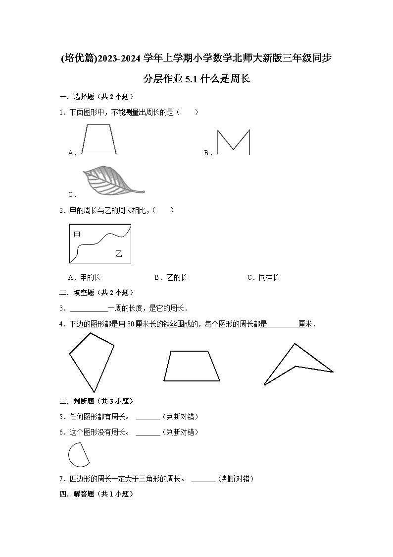 (培优篇)2023-2024学年上学期小学数学北师大新版三年级同步分层作业5.1什么是周长第1页