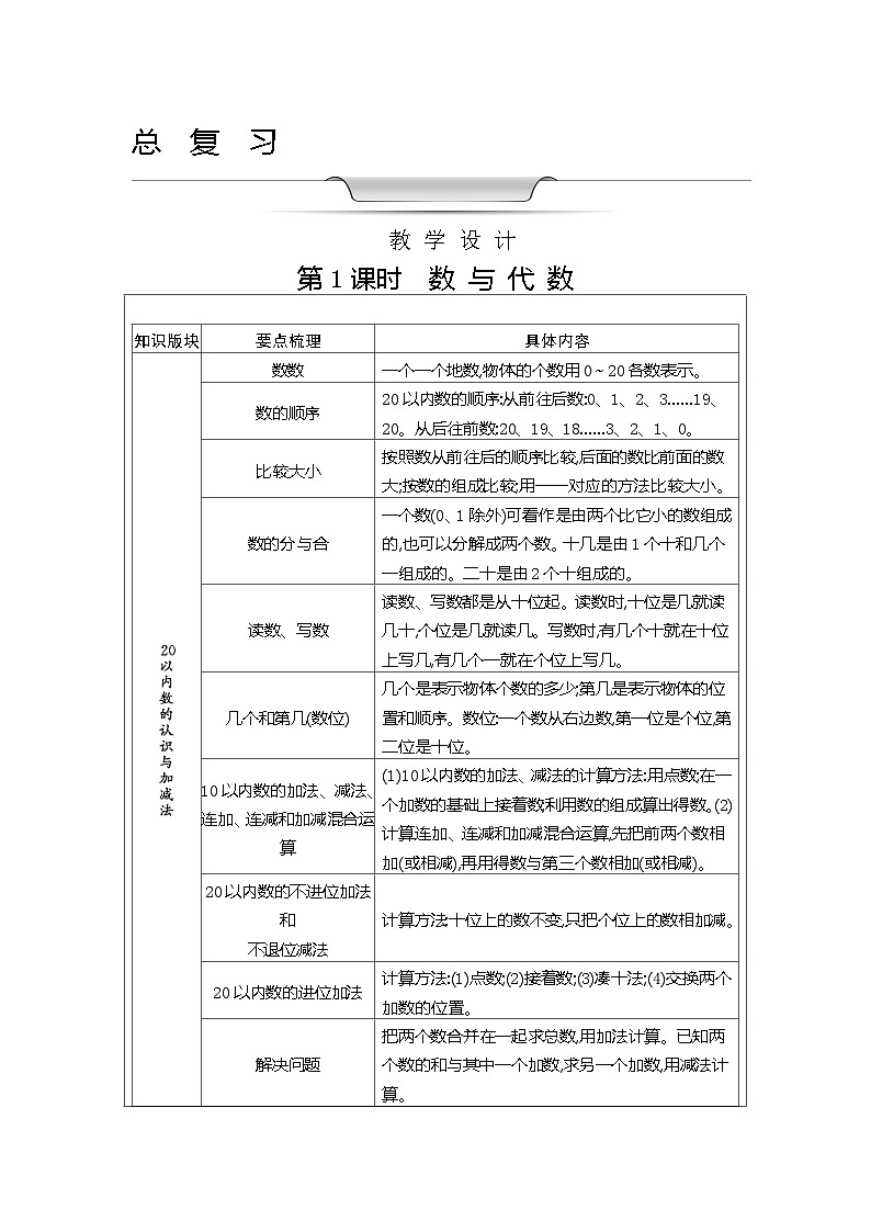 【单元教案】北师大版数学一年级上册--总复习 表格式教案01