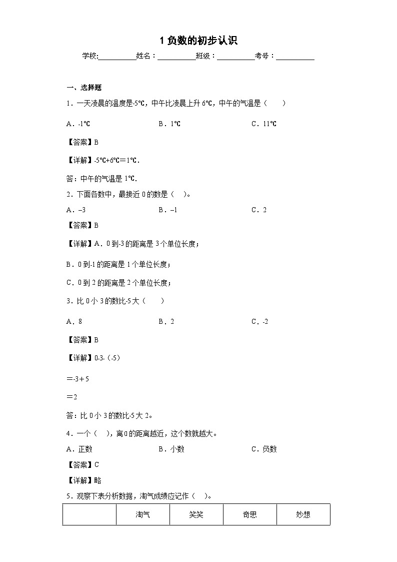 【单元练习】苏教版数学五年级上册--1.负数的初步认识 单元同步练习（原卷版+解析版）01