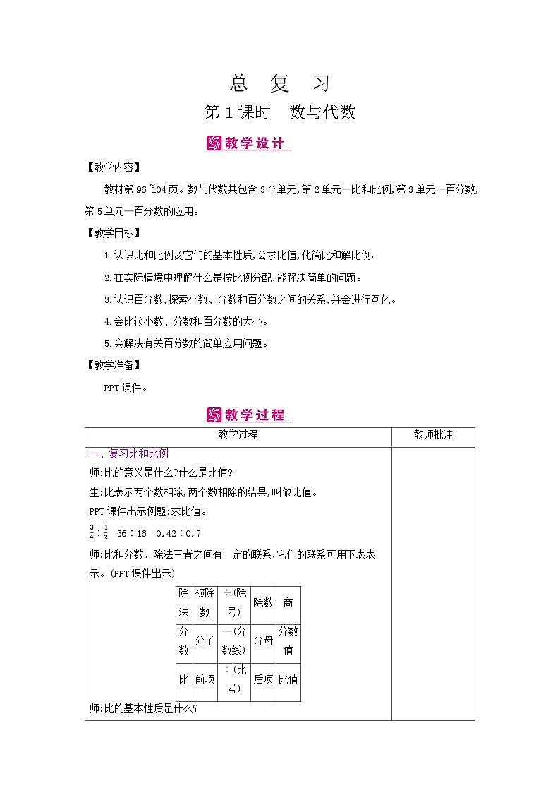 【同步教案】冀教版数学六年级上册--总复习 教案（表格式）第1页