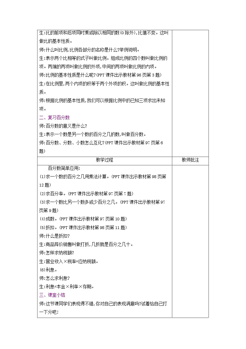 【同步教案】冀教版数学六年级上册--总复习 教案（表格式）第2页