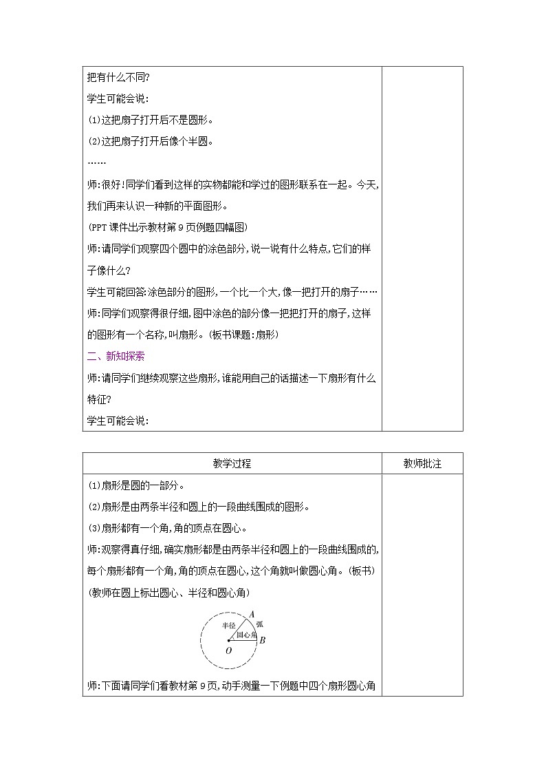 【同步教案】冀教版数学六年级上册--第1单元：第4课时 扇 形 教案（表格式）02