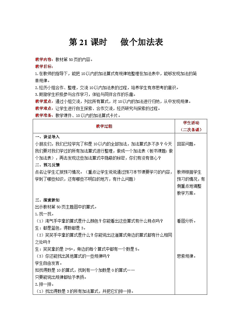 【同步教案】北师大版数学一年级上册--3.10  做个加法表 教案含反思（表格式）01
