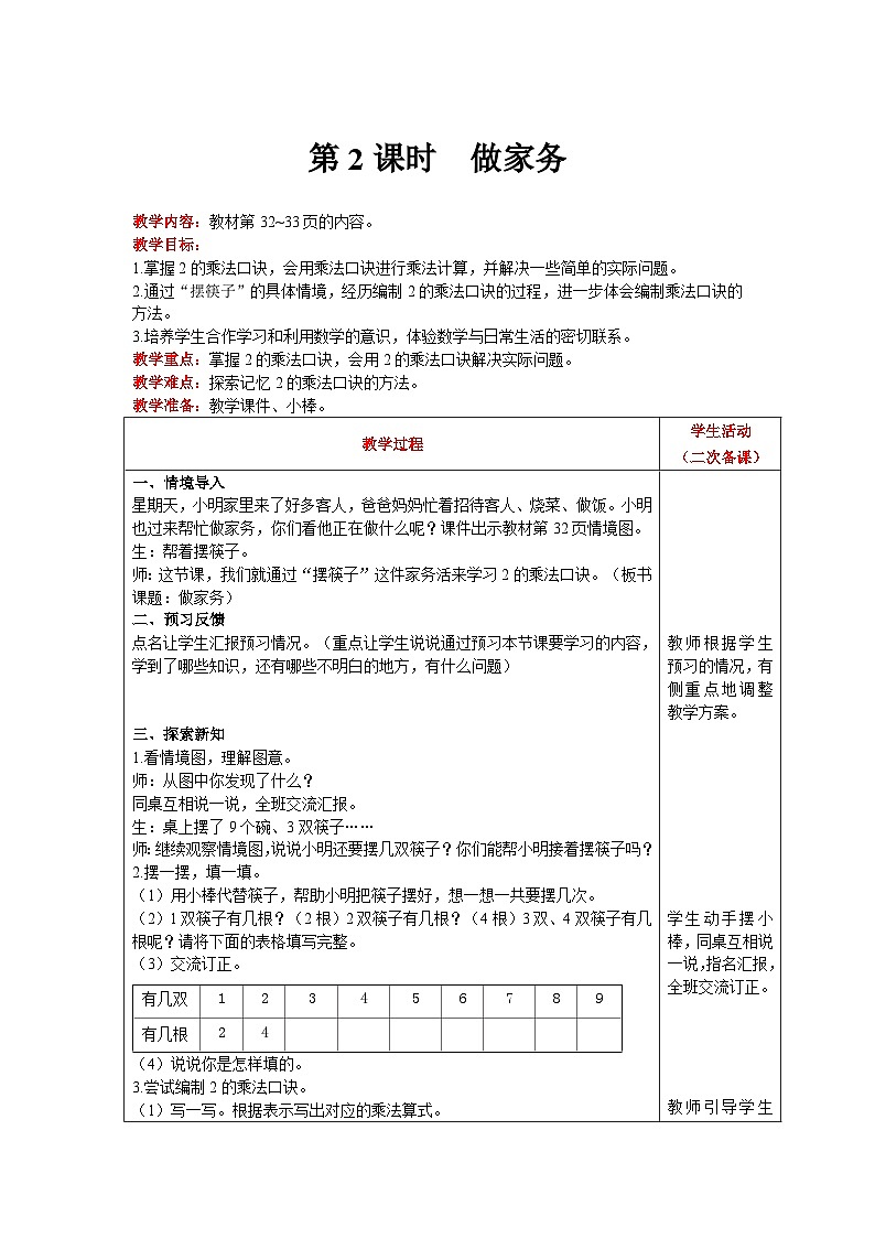 【同步教案】北师大版数学二年级上册--5.2做家务 教案含反思（表格式）第1页