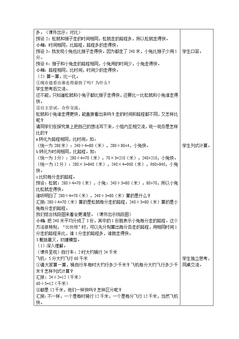 【同步教案】北师大版数学四年级上册--第6单元  除法 第9课时   路程、时间与速度（1） 精品教案第2页