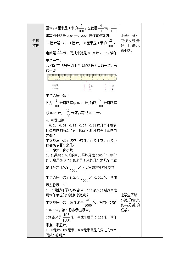 【同步教案】苏教版数学五年级上册--3.1小数的意义和读写 教案（表格式）02