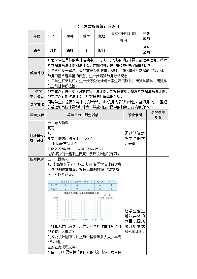 【同步教案】苏教版数学五年级上册--6.4复式条形统计图练习 教案（表格式）01