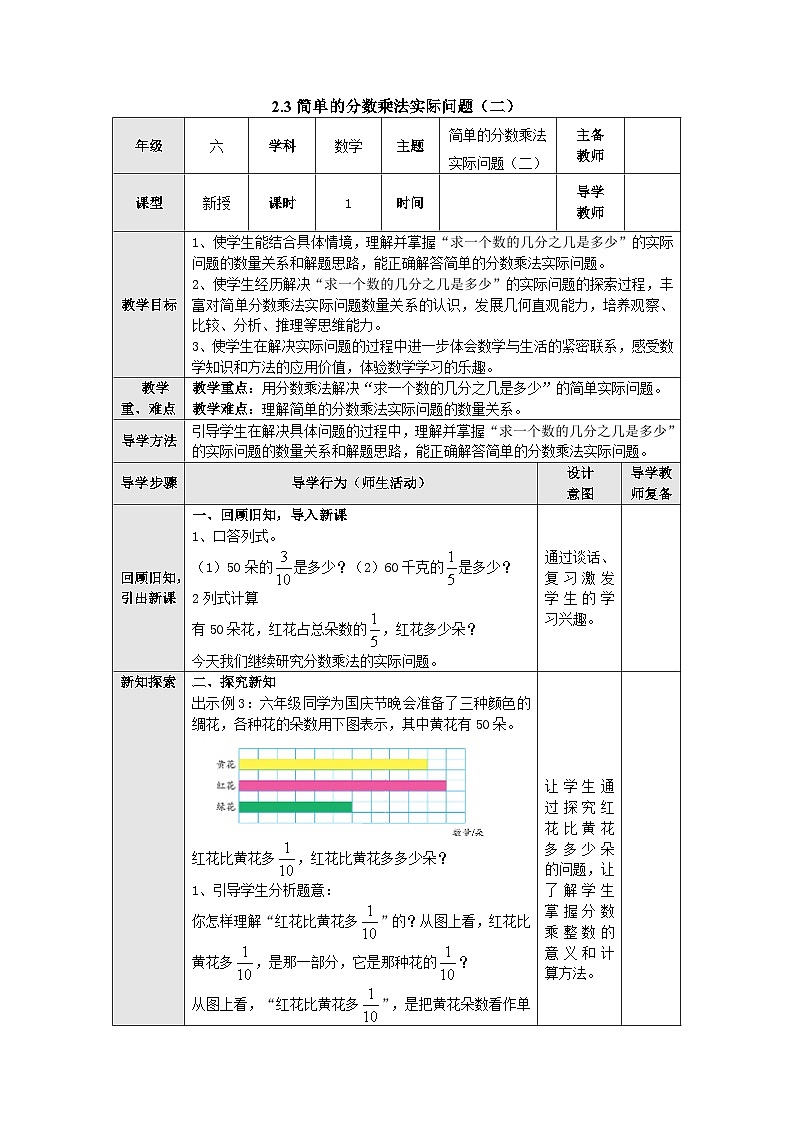【同步教案】苏教版数学六年级上册--2.3简单的分数乘法实际问题（二） 表格式教案第1页