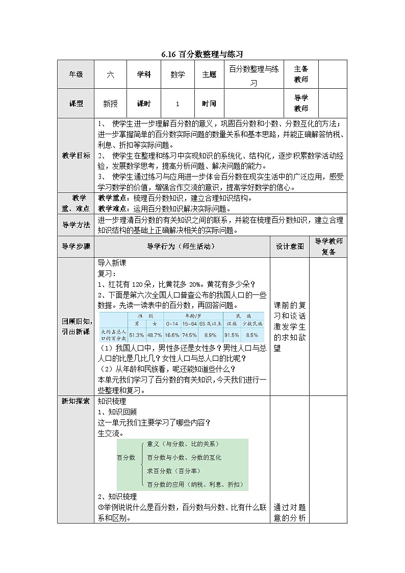 【同步教案】苏教版数学六年级上册--6.16百分数整理与练习 教案（表格式）第1页