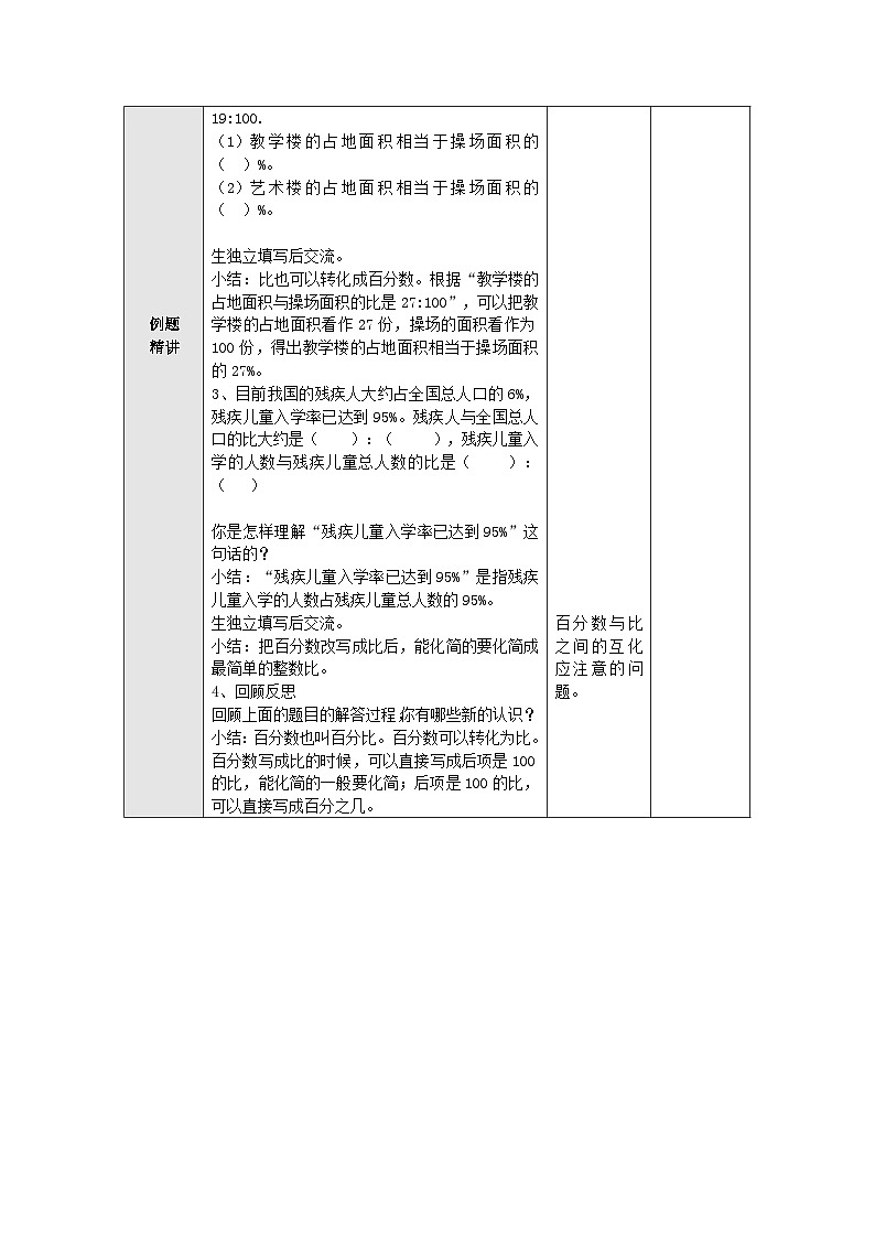 【同步教案】苏教版数学六年级上册--6.2百分数的意义和读写练习 表格式教案02