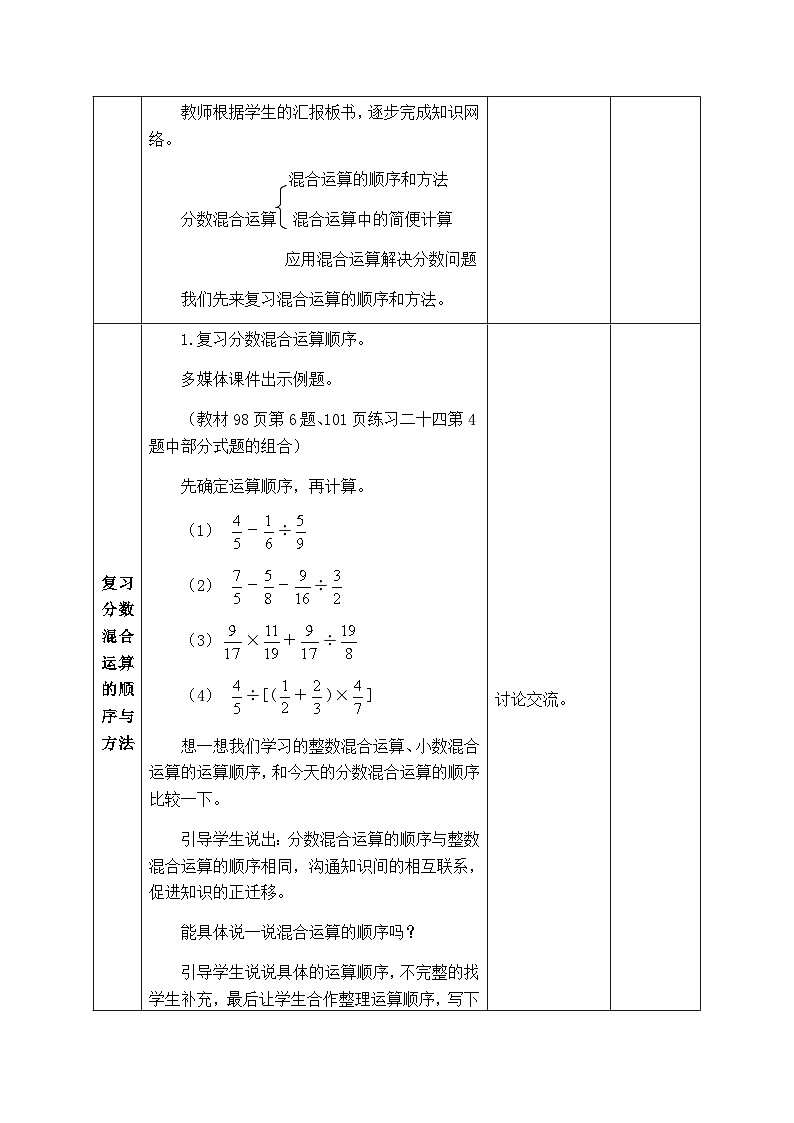 【同步教案】西师大版数学六年级上册-- 9.3分数混合运算  总复习 （表格式）教案02