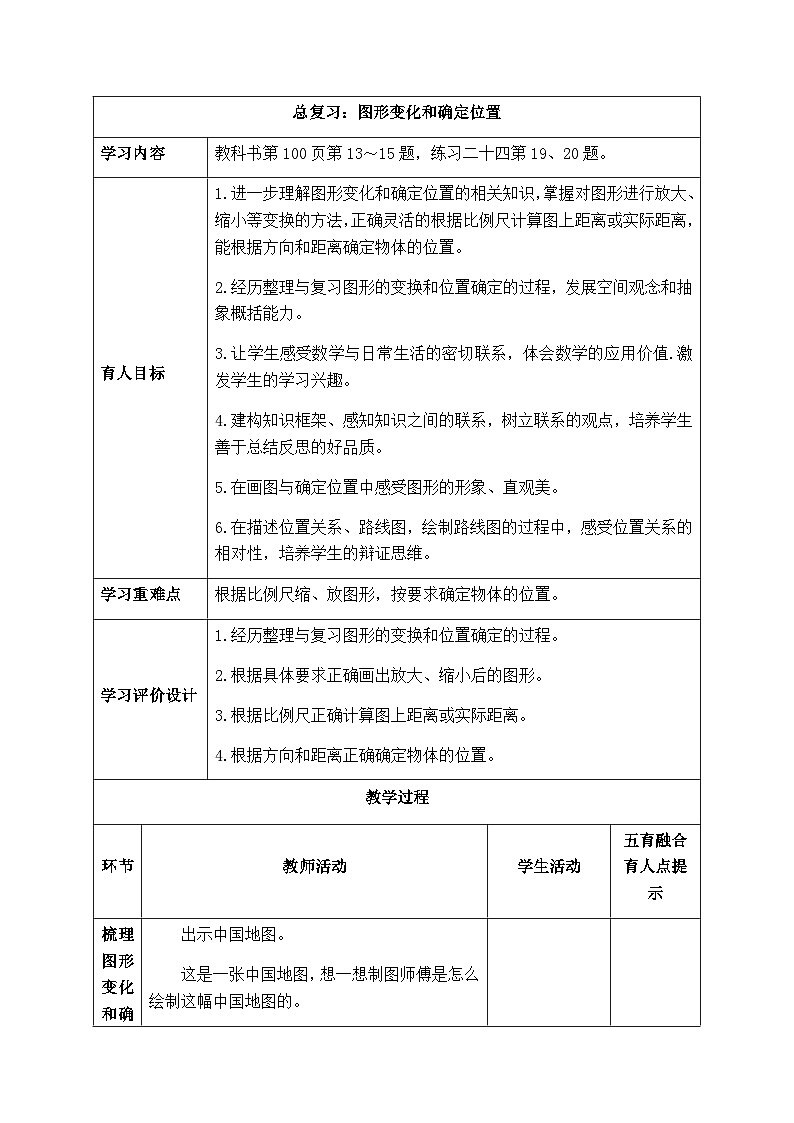 【同步教案】西师大版数学六年级上册-- 9.5图形变化和确定位置  总复习 （表格式）教案01