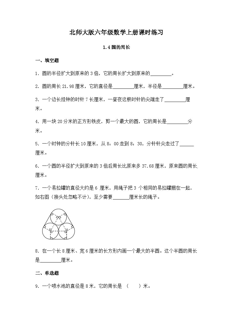 【同步练习】北师大版数学六年级上册--1.4圆的周长--课时练（含答案）01
