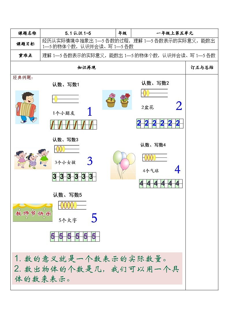 【同步练习】苏教版数学一年级上册-- 5.1 认识1-5 试题（讲解+巩固精练）（含答案）第1页