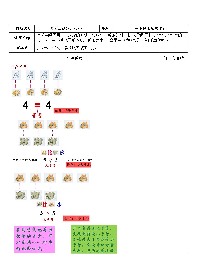 【同步练习】苏教版数学一年级上册-- 5.4 认识＞、＜和= 试题（讲解+巩固精练）（含答案）01