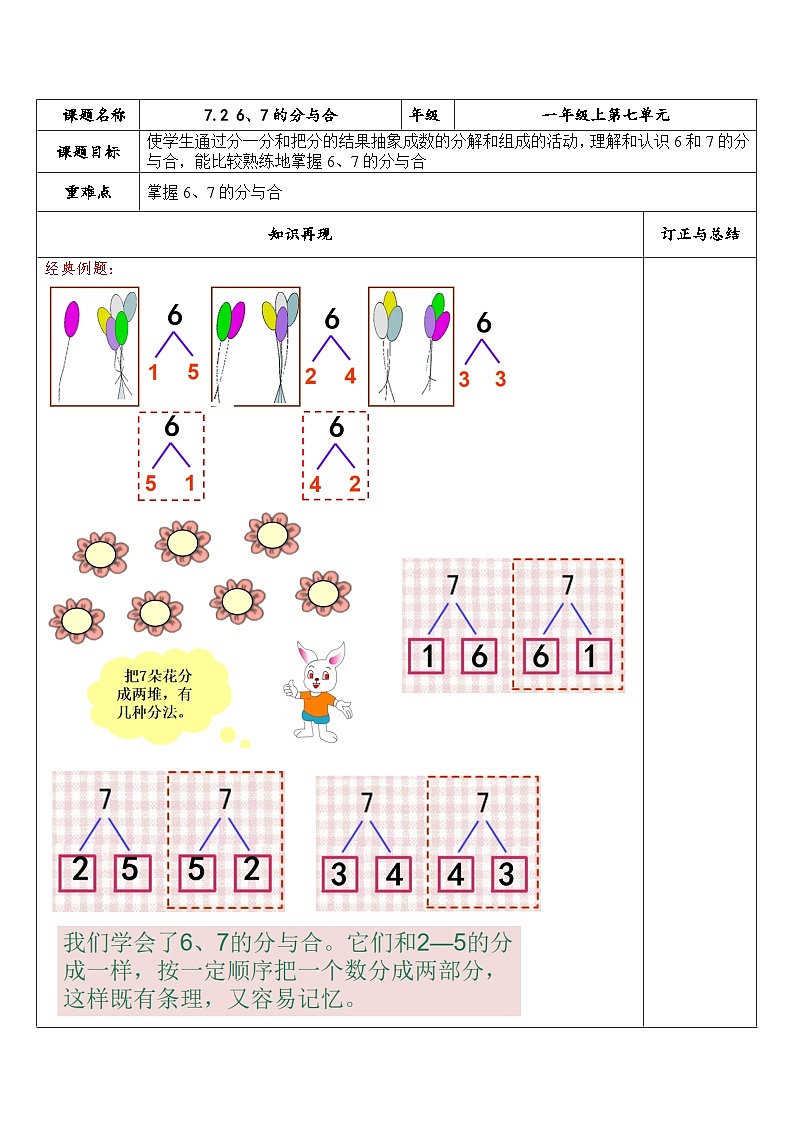 【同步练习】苏教版数学一年级上册-- 7.2 6、7的分与合 试题（讲解+巩固精练）（含答案）01