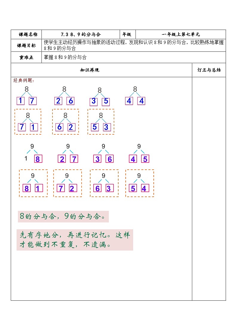 【同步练习】苏教版数学一年级上册-- 7.3 8、9的分与合 试题（讲解+巩固精练）（含答案）01