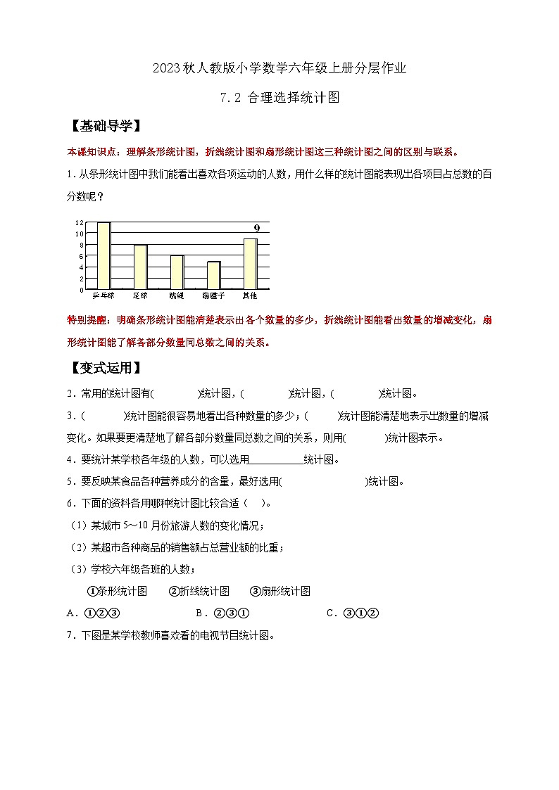 【核心素养】人教版六年级上册-7.2 合理选择统计图-课件+教案+学案+分层作业（含教学反思和答案）01