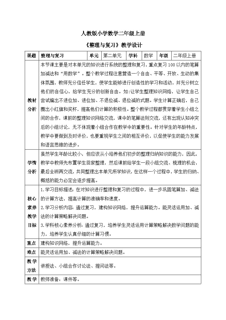 【核心素养】人教版小学数学二年级上册 2.15《整理与复习》   课件+教案+同步分层作业（含教学反思和答案）01