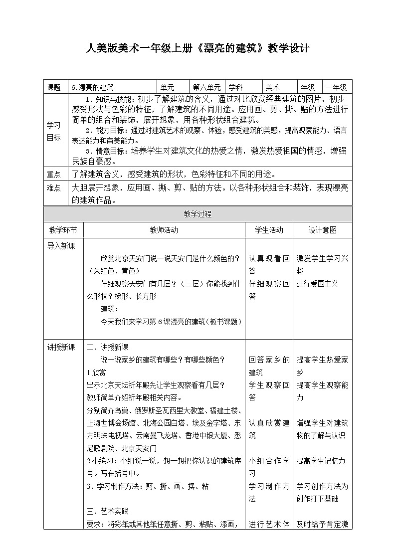 人美版美术一年级上册第六课《漂亮的建筑》教案第1页