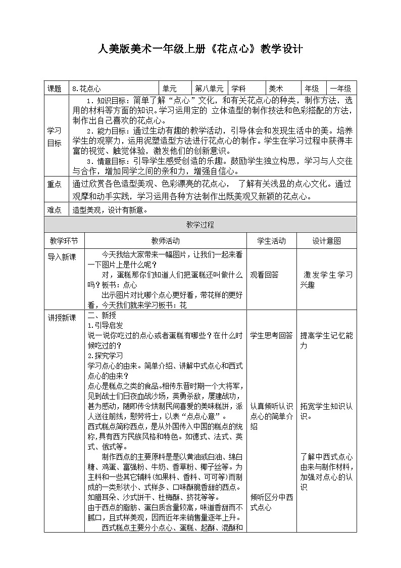 人美版美术一年级上册第八课《花点心》教案第1页