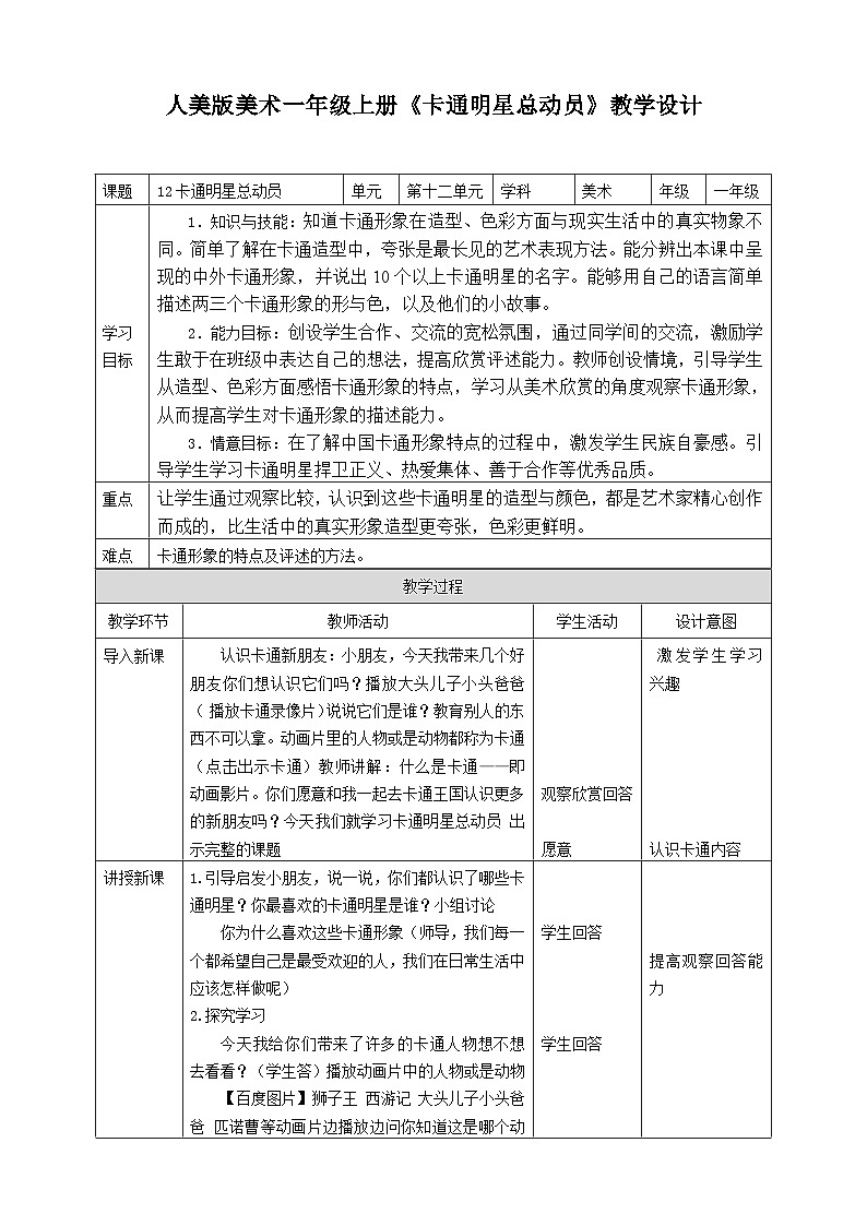 人美版美术一年级上册第十二课《卡通明星总动员》教案01