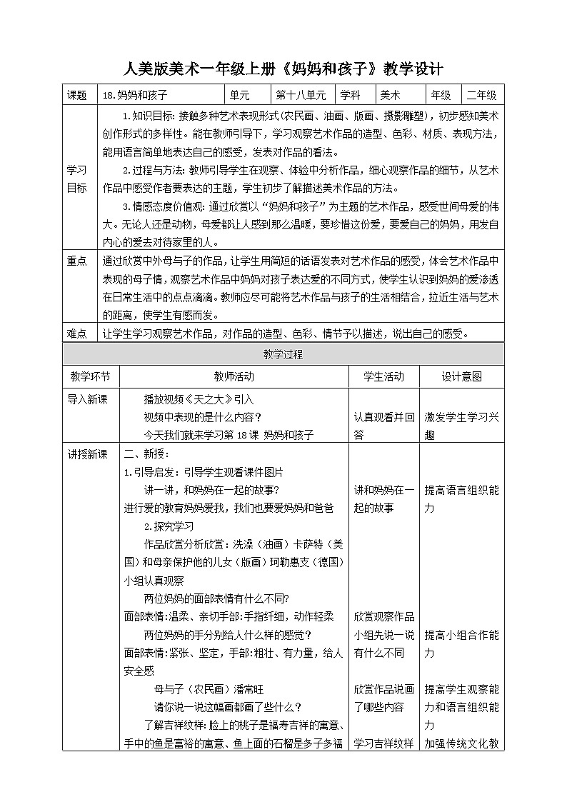 人美版美术一年级上册第十八课《妈妈和孩子》教案01