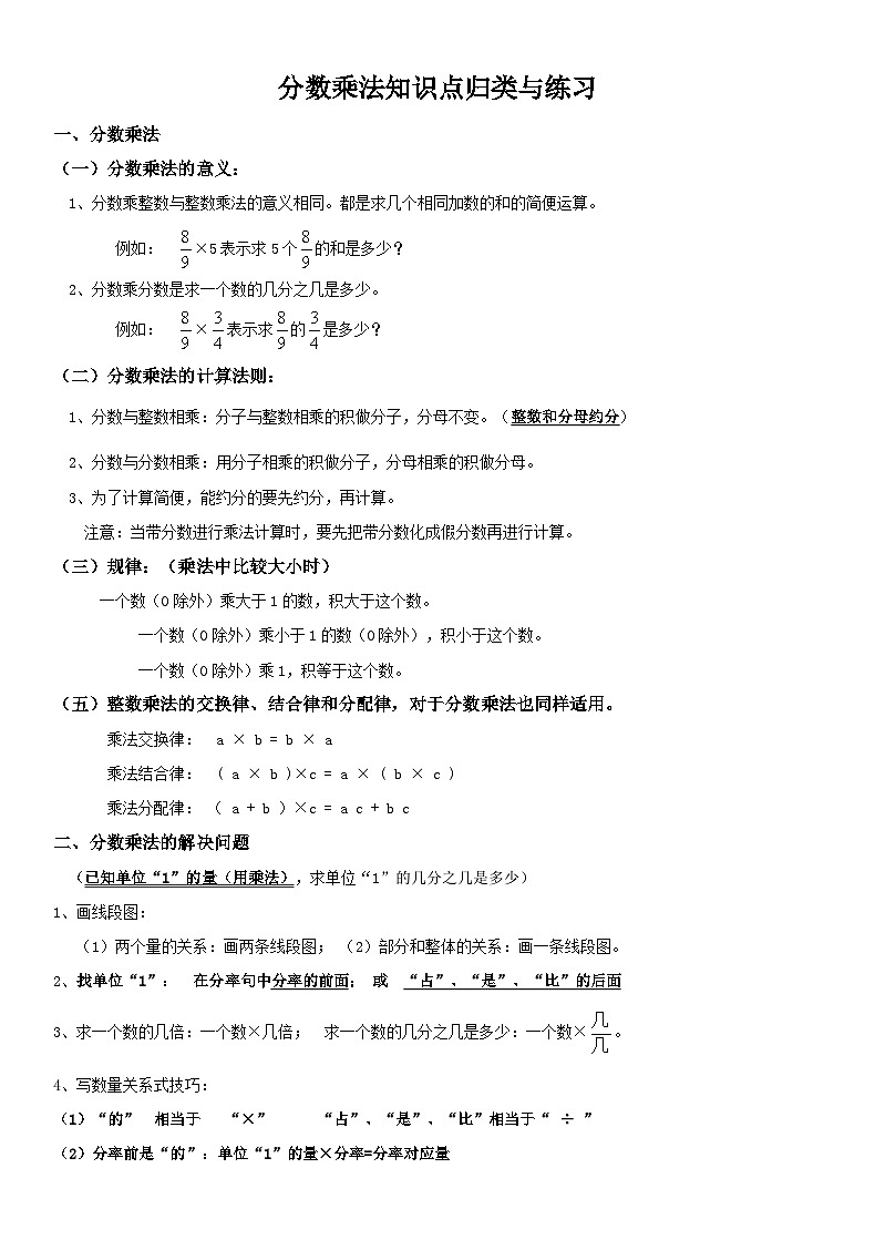 小学五年级数学分数乘法知识点归类整理及练习01