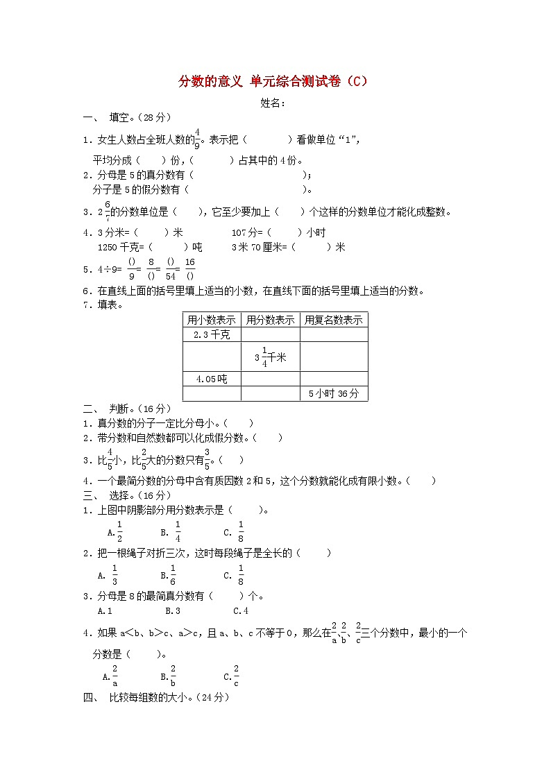 五年级下数学单元测试题分数的意义（c）人教版（无答案）第1页