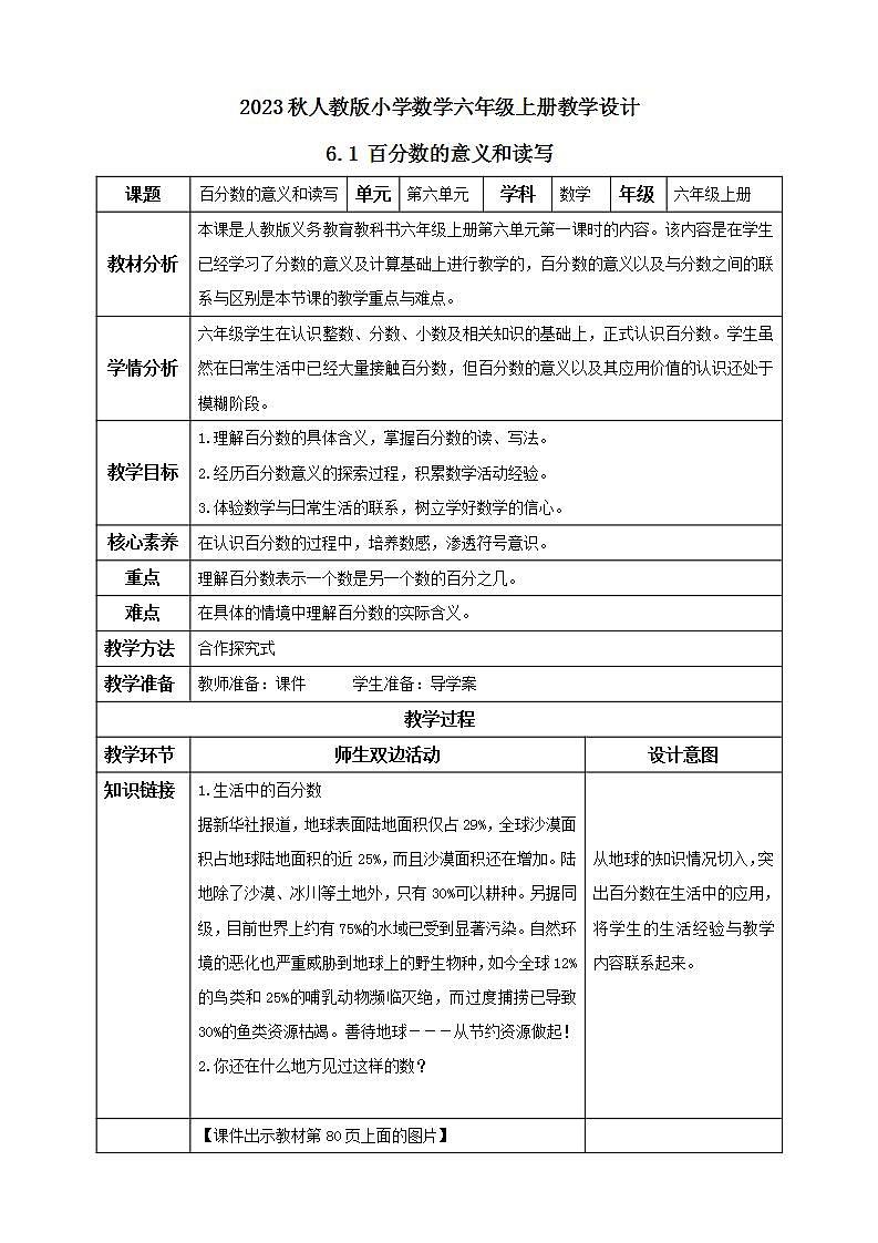 【核心素养】人教版六年级上册-6.1 百分数的意义和读写  课件+教案+学案+分层作业（含教学反思和答案）01