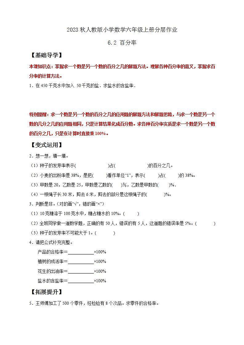 【核心素养】人教版六年级上册-6.2 百分率- 课件+教案+学案+分层作业（含教学反思和答案）01