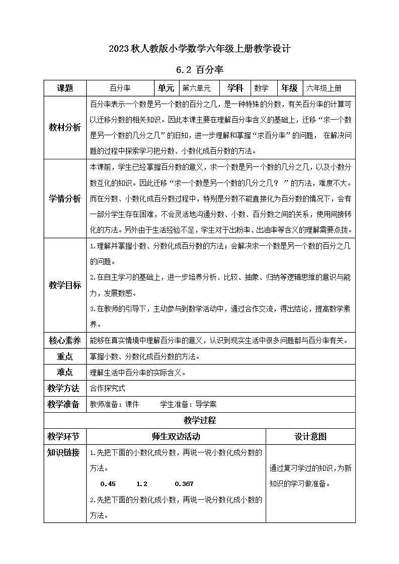 【核心素养】人教版六年级上册-6.2 百分率- 课件+教案+学案+分层作业（含教学反思和答案）01