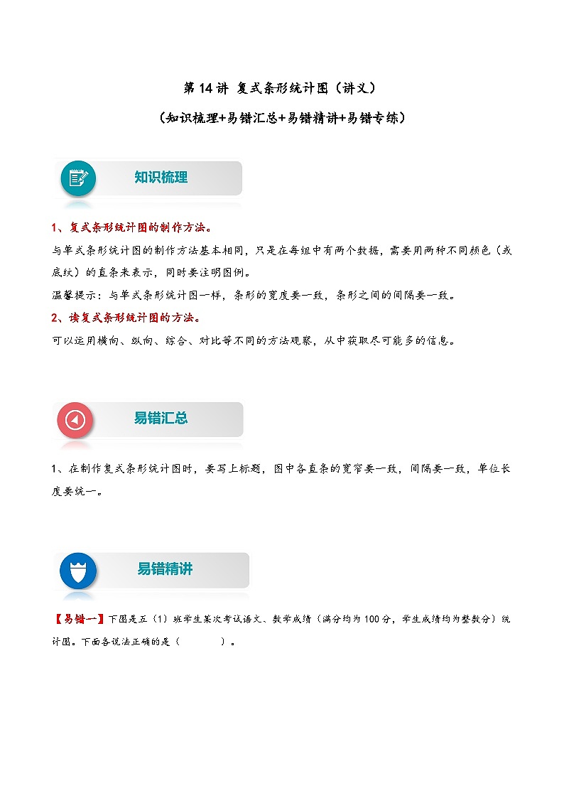 【易错精编讲义】北师大版数学五年级下册：第14讲《复式条形统计图》知识梳理讲义+易错练习01