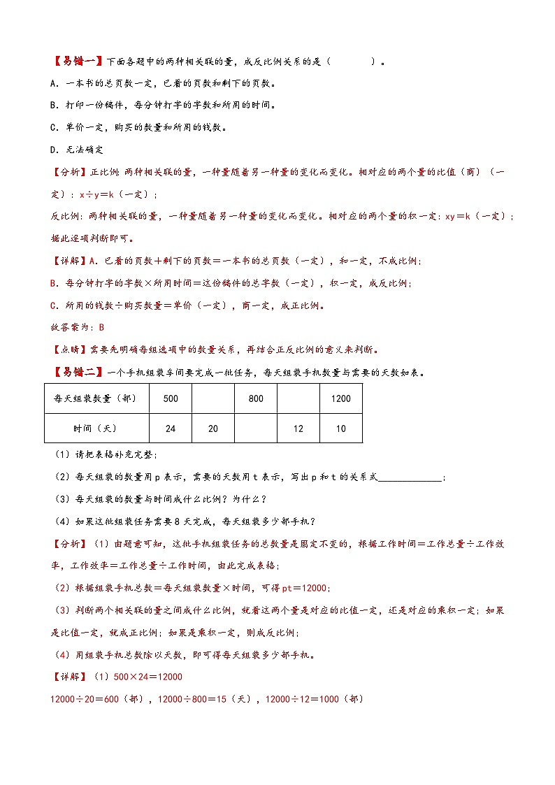 【易错精编讲义】苏教版数学六年级下册：第13讲《认识反比例的量》知识梳理讲义+易错练习02