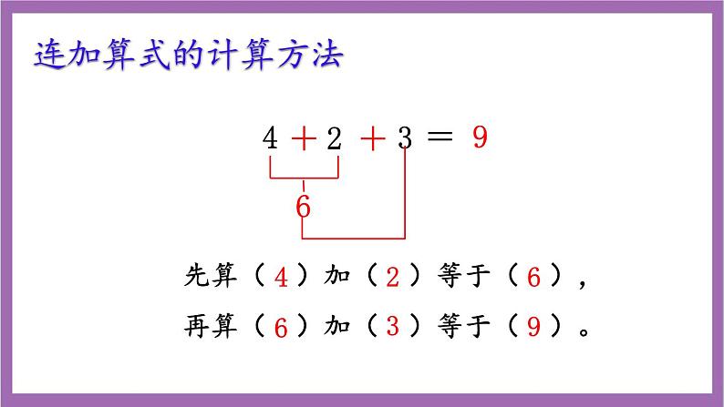 西师大版 数学一年级上册 2.5.1 连加 课件06