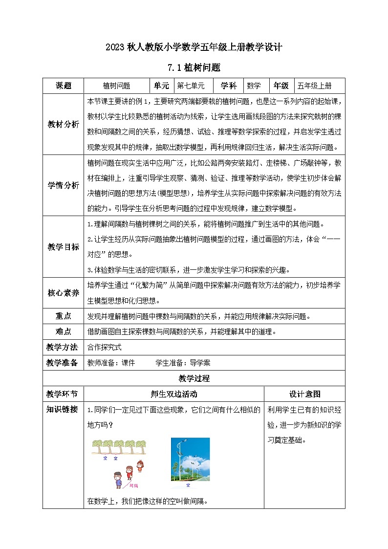 【核心素养】人教版数学五年级上册-7.1 植树问题（一） 课件+教案+学案+分层作业（含教学反思和答案）01