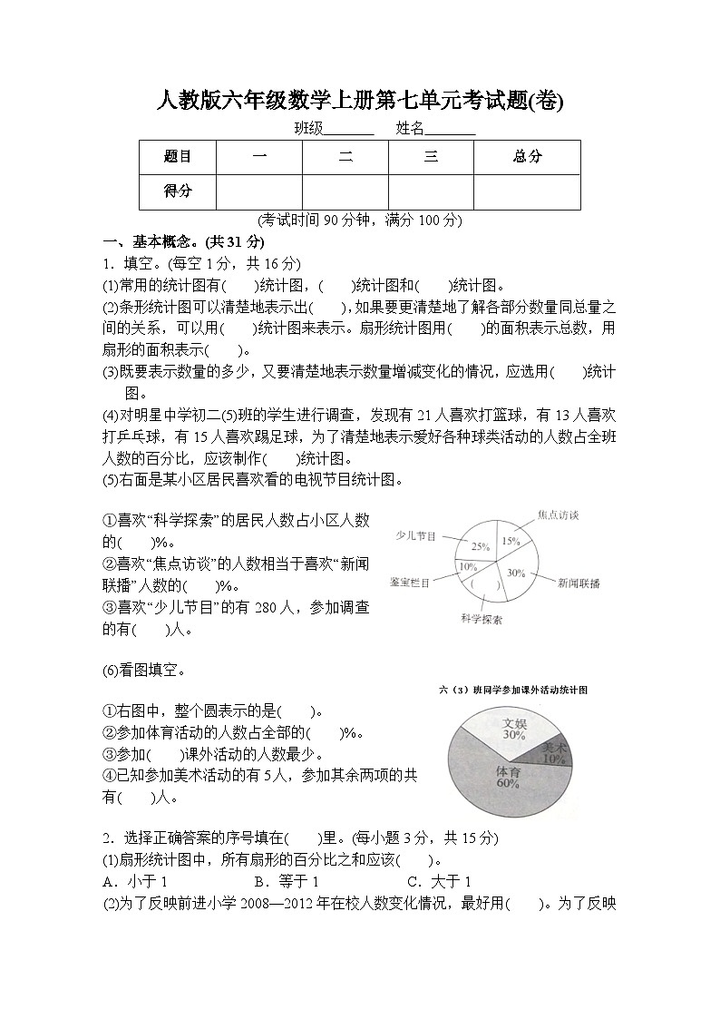 人教版六年级数学上册第7单元测试题附答案第1页