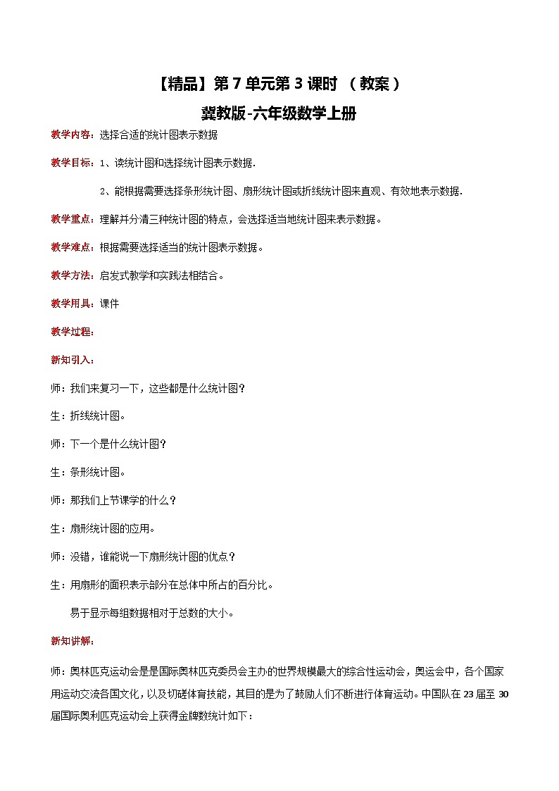 冀教版数学六上 7.3选择合适的统计图表示数据 课件+教案01
