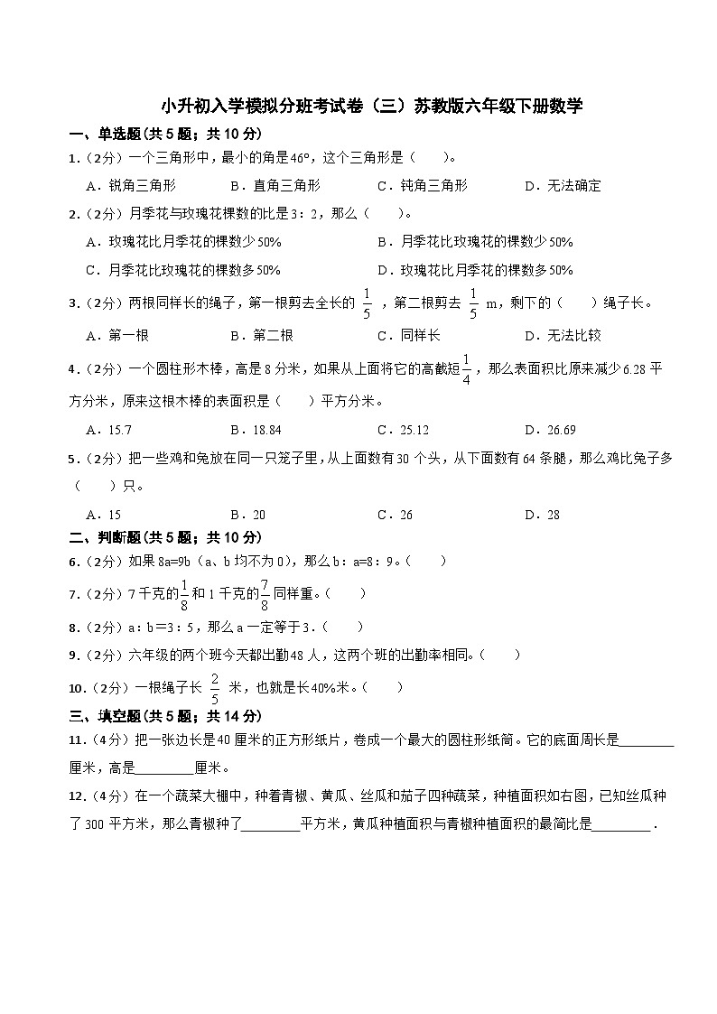 小升初入学模拟分班考试卷（试题）-苏教版六年级下册数学第1页
