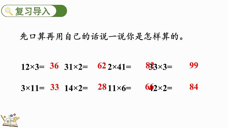 人教版数学三年级上册6.2.1 两、三位数乘一位数（不进位）的笔算（课件）第2页