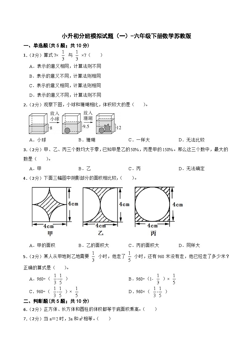 小升初分班模拟试题（试题）-六年级下册数学苏教版第1页