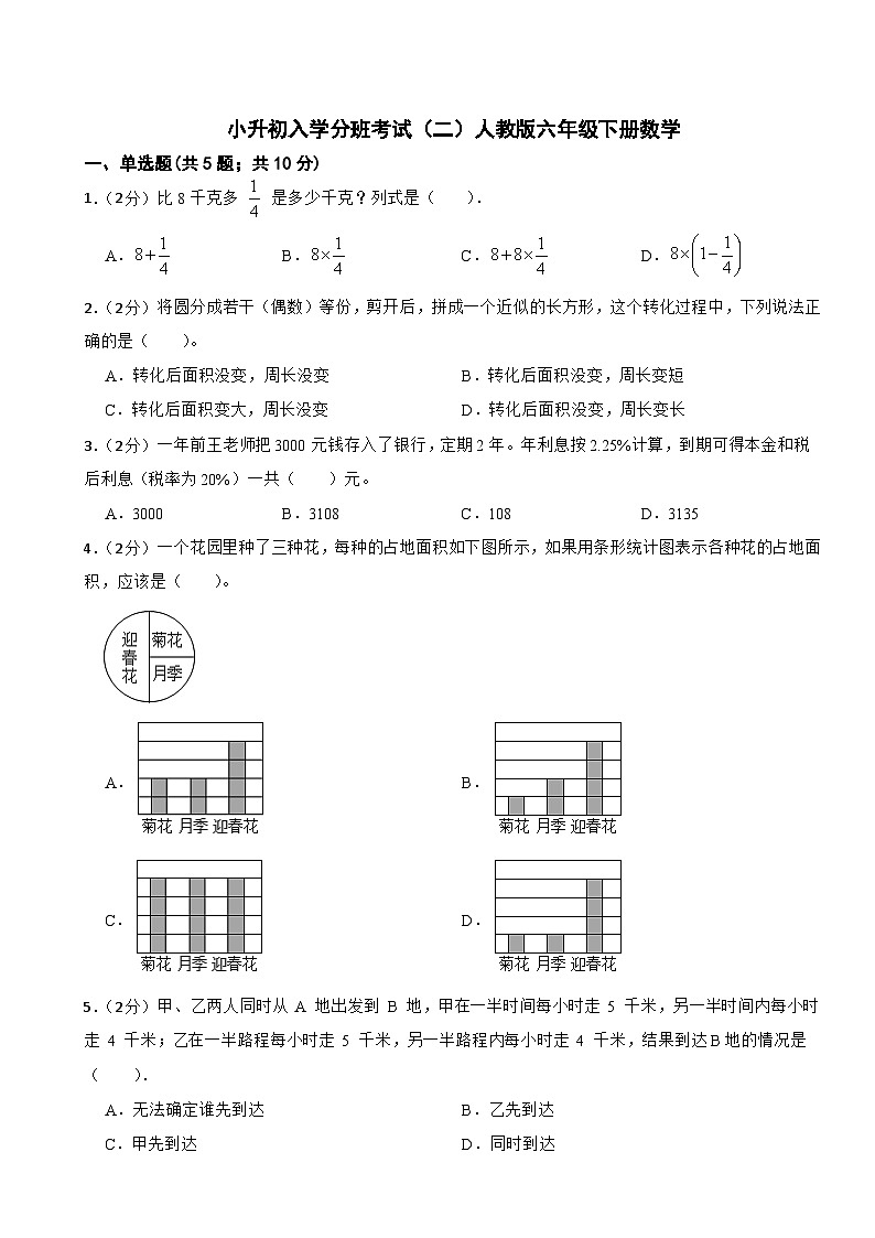 小升初入学分班考试（试题）-六年级下册数学人教版第1页