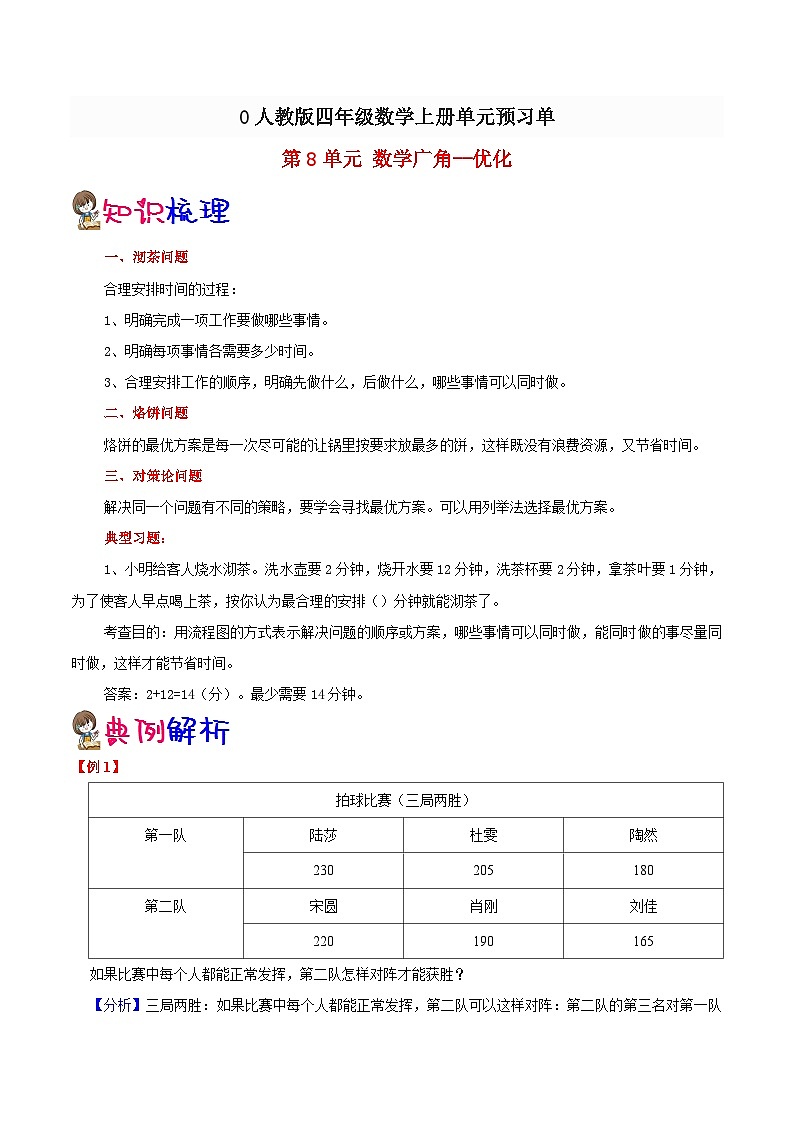 【预习单】人教版数学四年级-第8单元《数学广角优化》预习单（知识点+例题+练习）（含解析）01
