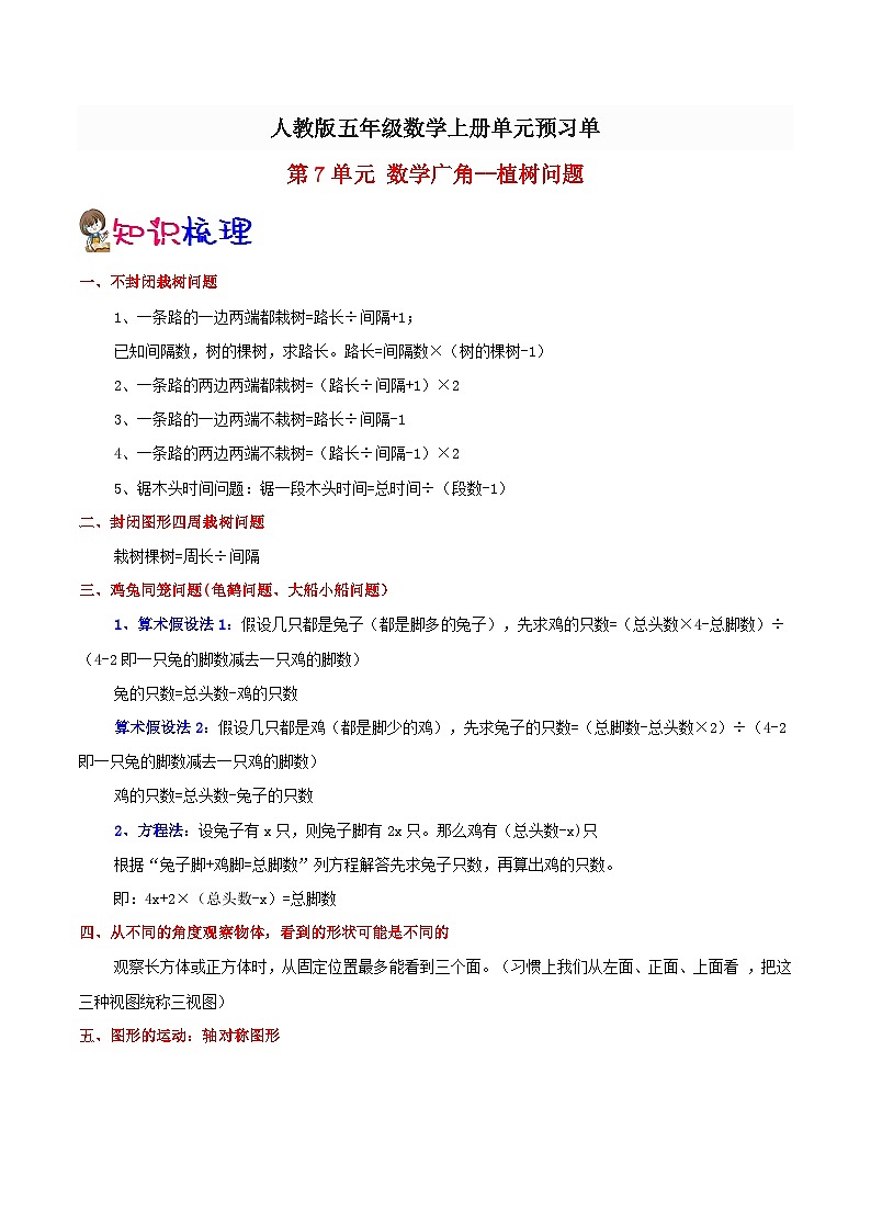 【预习单】人教版数学五年级-第7单元《数学广角--植树问题》预习单（知识点+例题+练习）（含解析）01